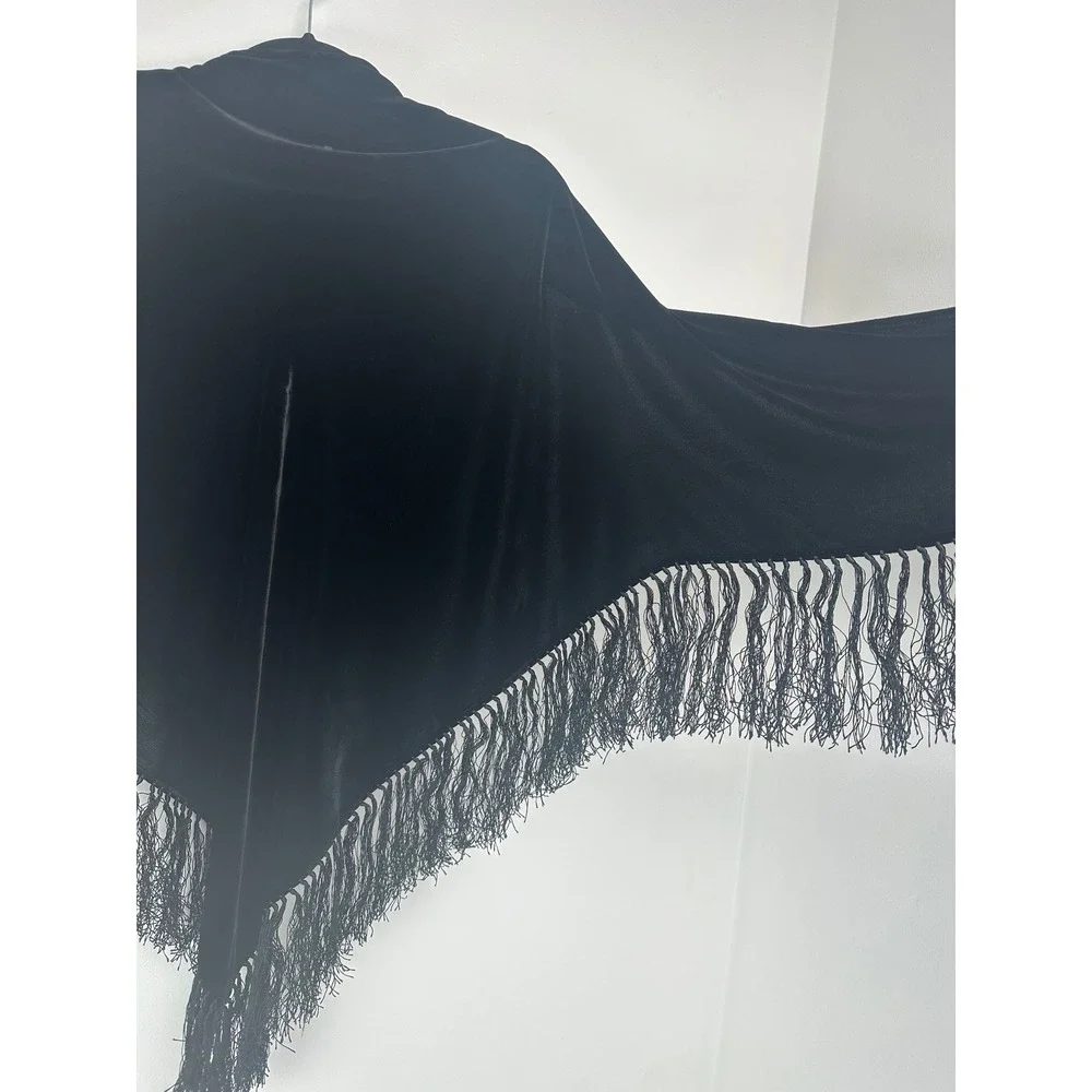 Whimsygoth Black Silk Blend Velvet Triangle Fringe Shawl Wrap Scarf New Fairy